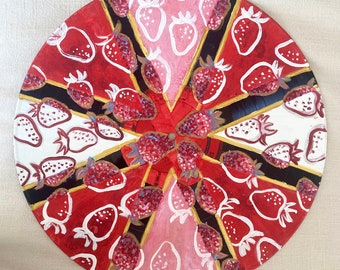 Original Wand Kunst Acryl bemalt Schallplatte Rosa, Rot, und Weiß Grafik Erdbeere Pop Art 30x30 cm