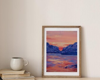Orange & Lila Bergsee Sonnenuntergang Druck - Original Acryl Gemälde - Ente Silhouette - Ruhige Natur Wand Kunst - Lebendige Landschaft Dekor