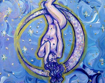 Erscheinung – Himmlische Mondgöttin Kunstdruck | Blau Lila Impressionistische Acrylmalerei | Inspiriert von Debussy