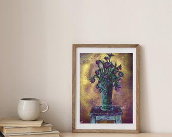 Lila Veilchen in Vase Druck - Original impressionistisches Acryl Stillleben - Lebendige Blumenkunst - Eleganter Veilchen Blumenstrauß - Florale Wohnkultur