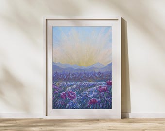 Original Kunstdruck | Impressionistische Berglandschaft mit Mohnblumen | Optionen verfügbar | Lebendige Natur Kunst
