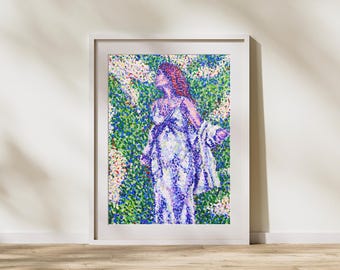 Original Kunstdruck | Pointillistisches Acrylbild einer Frau in weißem Kleid mit Blumenwand | Optionen verfügbar