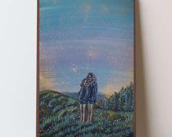 Zwei Schwestern am nebligen Berghang Kunstdruck - Original impressionistisches Acrylbild