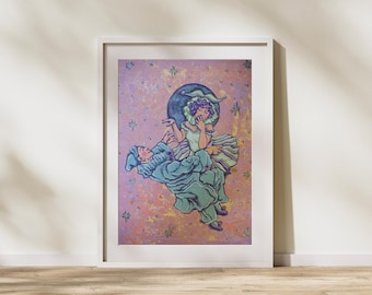 Art Deco Pierrot & Mond Druck - Pinke funkelnde Acrylmalerei - Elegante Clown Illustration - Mond Kunstwerk - Vintage-inspirierte Wandkunst
