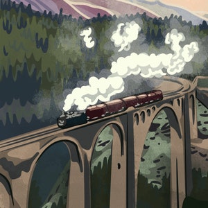 Impressão artística de cartão postal de trem original para download instantâneo