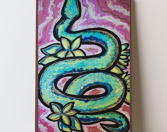Grafik grüne Schlange mit Blumen Druck - Original Acryl Gemälde - Rosa Hintergrund - Moderne Natur Wand Kunst - Bunte Schlange Kunstwerk