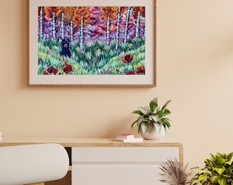 Bär in Colorado Espen Druck - Original impressionistische Acryl Berglandschaft Wildtiere - Espen Waldbär - Naturliebhaber Dekor