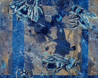Dunkelblau & Gold Bienen Acryl Kunstdruck | Original-Gemälde Von der Natur inspirierte Wanddekoration