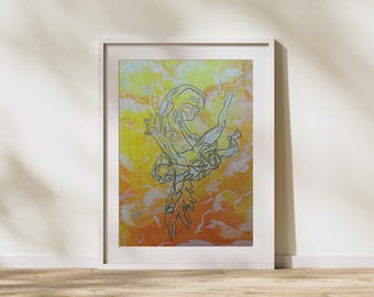 Grafischer Ikarus, der vom Himmel fällt Druck - Original Acrylgemälde - Orange & Gelb mit goldenen Akzenten - Mythologische Kunst - Skyfall Art