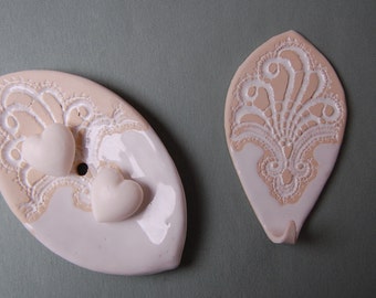 Set of 2 Soap Dish & Wall Hooks in Sand White Ceramic Guest Bathroom Vintage Boho Rustic Hooks No. 12