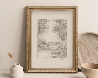 Vintage Landschaft Bleistift Kunstdruck | Minimalistisches Wohndekor (Digitaler Download)
