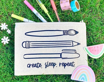 Canvas Pencil Pouch/Aesthetic Bag/Artist Bag/Create, Sleep, Repeat