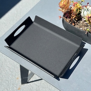May include: A matte black metal serving tray with rounded handle cutouts. The tray sits on a gray table next to a black planter filled with succulents. The scene is lit by bright sunlight.