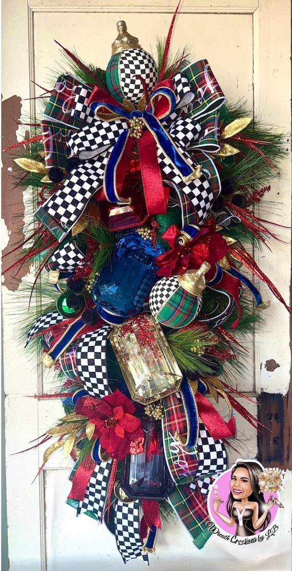 Elegant Christmas Swag, Plaid Check Door Decor, Red Green Gold Nutcracker Inspired Holiday Swag