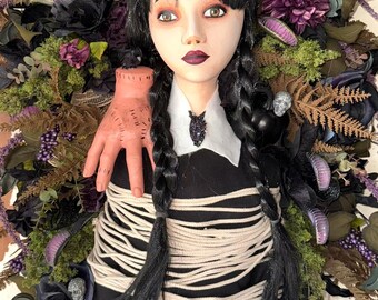Wednesday Addams Halloween Wreath, Gothic Floral Haunted House Decor