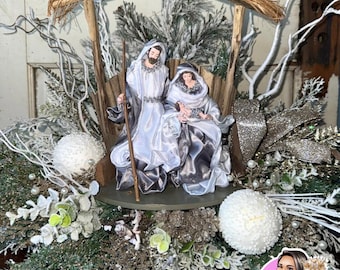 Handcrafted Silver White Nativity Centerpiece, Holy Family Winter Mantel Arrangement