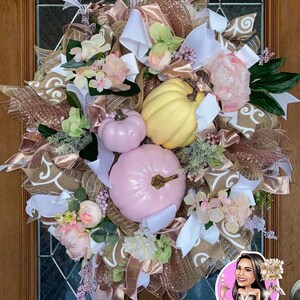 pink pumpkin wreath, pink pumpkin mesh wreath,shabby chic fall wreath, Elegant Fall Pumpkin Wreath, Blush Pink and Cream autumn door decor