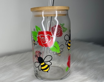 Bumble Bee and Rose Becher 16 Unzen - Glas mit Bambusdeckel und Strohhalm