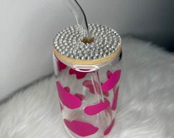 Pink Kuh Print Glasbecher mit Strass Deckel & Glas Strohhalm