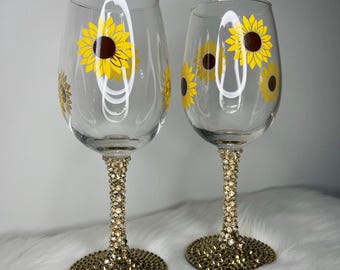Sonnenblumen Wein Gläser Set mit gelben Strass Stielen