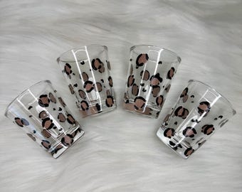 Leopard Print Shot Glass Set | Set of 2 Hand Painted Rhinestone Shot Glasses