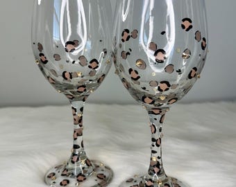 Leopard Print Wine Glass with Rhinestones | Hand Painted 15 oz Glass