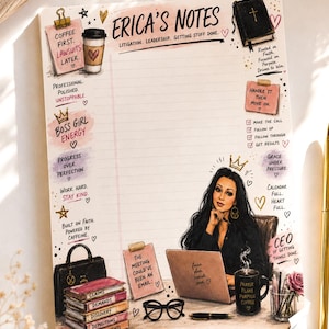 May include: A rectangular notepad titled ERICA'S NOTES featuring illustrations of a woman at a desk, a laptop, a stack of books labeled CLAIMS, DEMANDS, DISCOVERY, DEPOSITIONS, SETTLEMENTS, a coffee mug, glasses, and various motivational text phrases.
