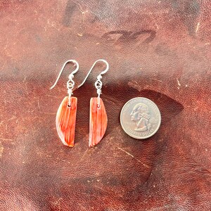 May include: A pair of handcrafted earrings with a silver hook and a half-moon shaped shell pendant. The shell pendant is a mix of orange and white colours. A U.S. quarter is next to the earrings for size comparison.