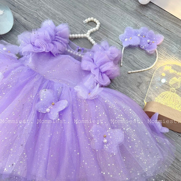 Butterfly lilac lavender sparkly baby girl dress, birthday baby girl dress, wedding baby dress, tulle baby dress, 1st birthday