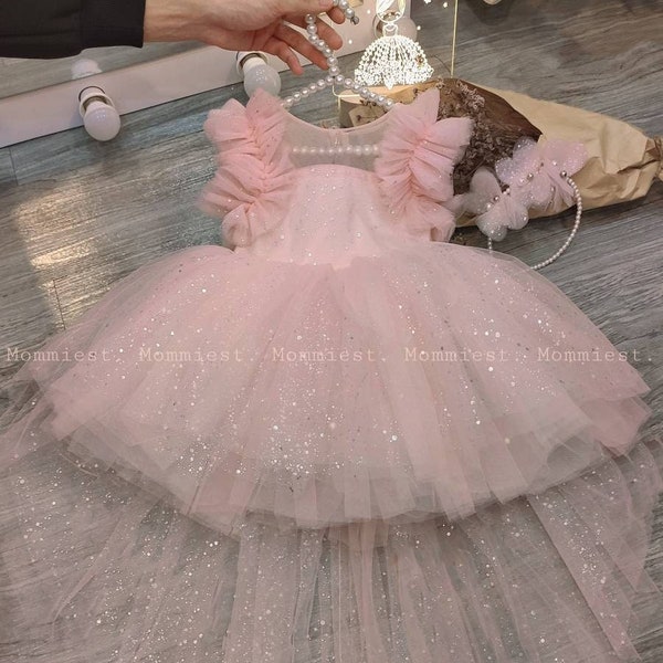 High low sparkly pink baby dress, birthday baby girl dress, party girl dress, princess wedding baby dress, tulle baby dress, first birthday