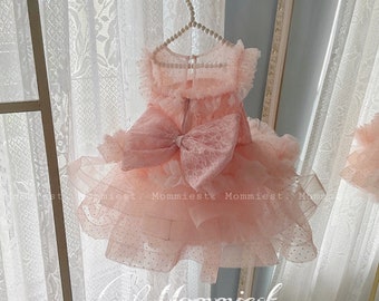 Peach lace tulle baby girl dress, 1st birthday dress baby girl, weeding baby dress, photoshoot party baby dress, ball gown princess