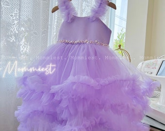 Abito da ballo gonfio con volant lilla e lavanda per bambina, abito da compleanno per bambina, abito da sposa per bambina, abito da damigella, abito viola per il primo compleanno