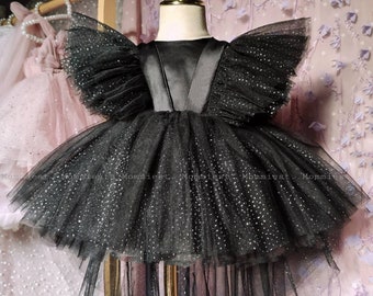Sparkly black baby girl dress, high low birthday baby dress, party baby girl dress, weeding baby girl dress, princess photoshoot baby dress