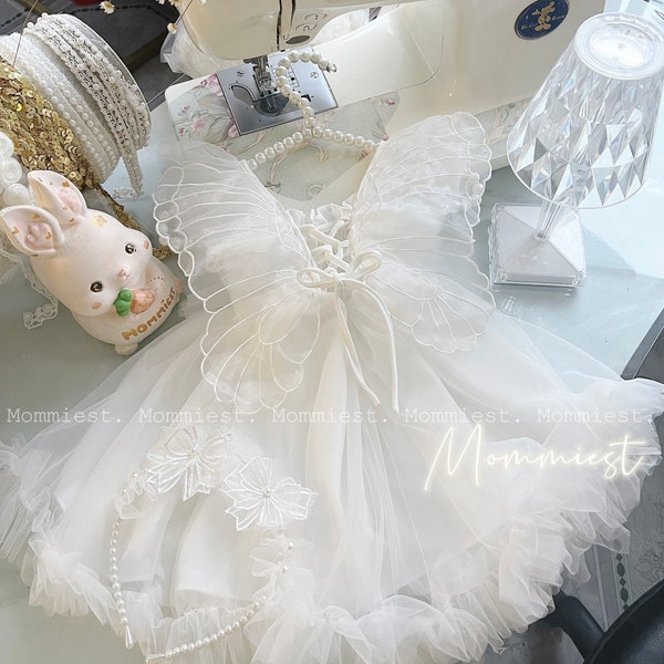 White butterfly lace baby girl dress, wings birthday baby girl dress, weeding baby dress, photoshoot party baby dress, newborn full month