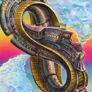 May include: A surreal illustration of a train traveling through a golden infinity symbol, with two faces of famous scientists appearing in the clouds. The train is detailed with gears, windows, and a smokestack. The infinity symbol is made of metal and has a textured surface.
