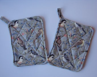 Chickadees A Whole-Cloth Cotton Print with Dusty Blue Background Potholder Great Gift Idea Adorable