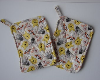 TWO Quilted Potholders 8.5 Square Reversible Potholders Fabric Potholders Winnie the Pooh Piglet Tigger 100 Acre Woods Eeyore Wash