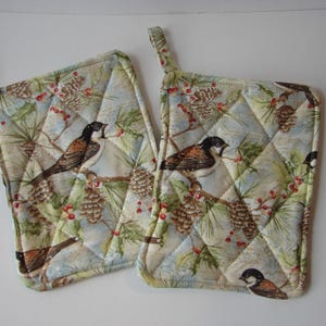 Chickadee Potholders, Quilted Cotton Holiday Decor (Set of 2)