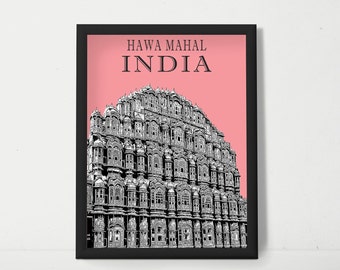 Cartel de viaje, Hawa Mahal impresión, cartel de Jaipur, cartel de la India, impresiones de la India, imagen descargable de viaje, decoración de viaje, arte de viaje imprimible