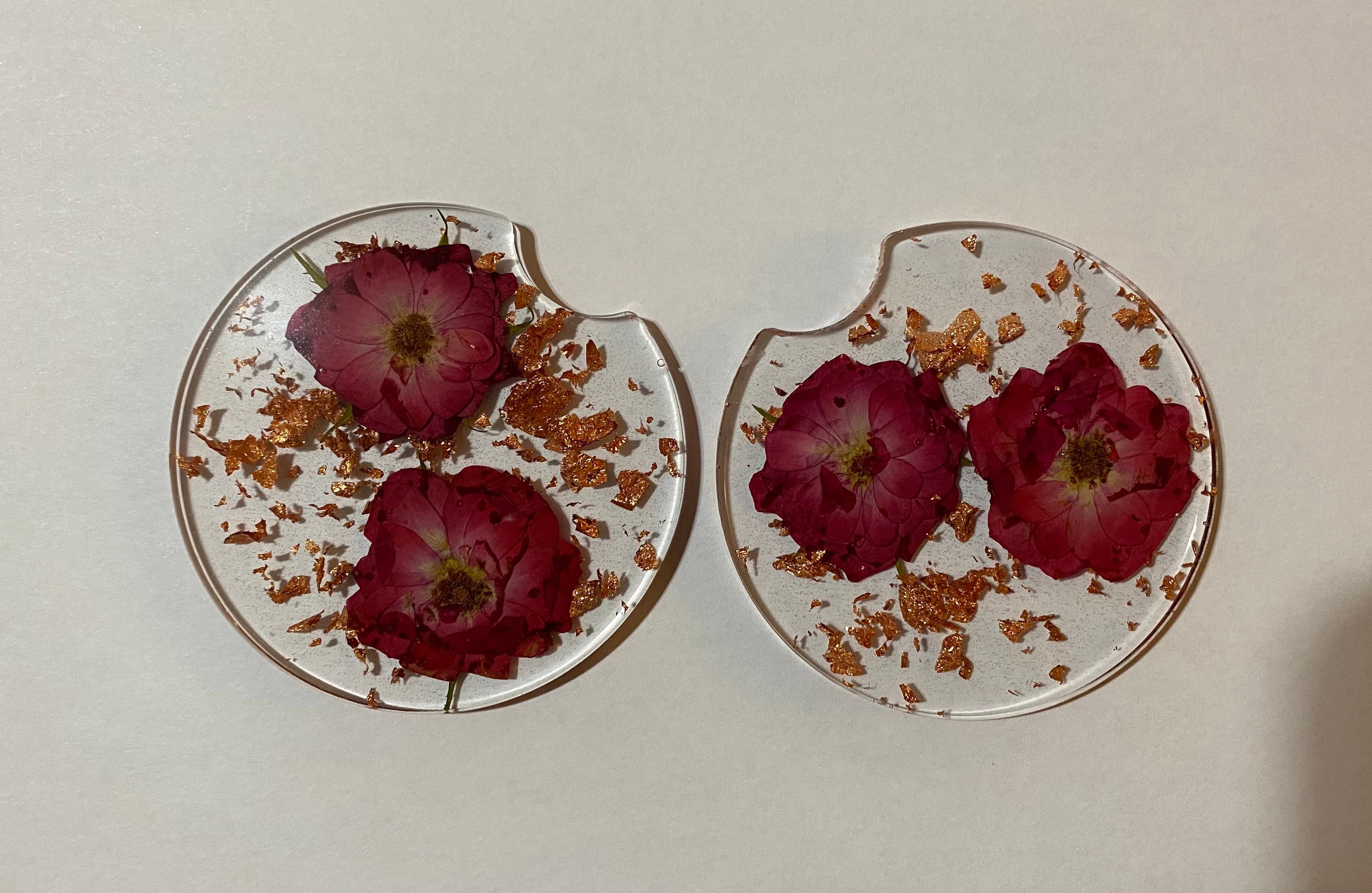 Flower Car Coasters made with Epoxy, Real Flowers and Gold Foil Flake…
