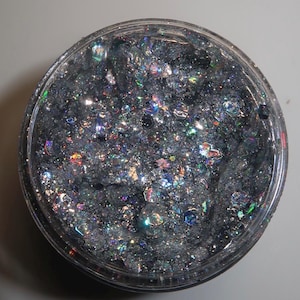 以下が含まれることがあります： 透明なプラスチック容器に、虹色のグリッターが詰められています。グリッターの破片は様々な形と大きさで、シルバー、ブルー、グリーンなど複数の色を反射しています。容器は丸く、明るいグレーの表面に置かれています。