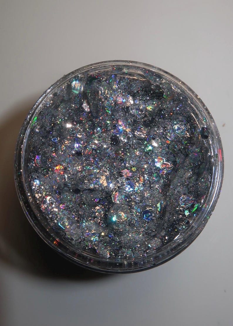 以下が含まれることがあります： 透明なプラスチック容器に、虹色のグリッターが詰められています。グリッターの破片は様々な形と大きさで、シルバー、ブルー、グリーンなど複数の色を反射しています。容器は丸く、明るいグレーの表面に置かれています。