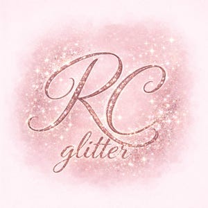 May include: A pink and rose gold glitter design with the letters "RC" in a cursive font, and the word "glitter" below. The background is a soft pink with sparkling glitter accents.
