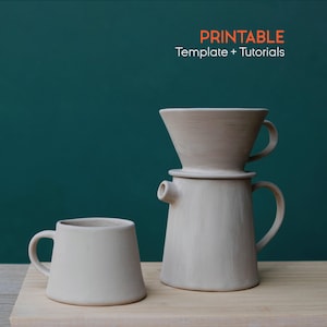 May include: A ceramic coffee pour-over set and mug in a neutral color. The set includes a cone-shaped dripper, a carafe, and a mug. The words "PRINTABLE Template + Tutorials" are in the top right corner.