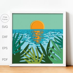 Könnte beinhalten: Eine digitale Illustration eines Sonnenuntergangs über einem blauen Meer mit grünen Palmenblättern im Vordergrund. Die Sonne ist leuchtend orange und der Himmel ist hellblau. Das Meer ist dunkelblau mit weißen Wellen. Die Palmenblätter sind dunkelgrün mit hellgrünen Adern.