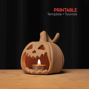 May include: A light brown clay pumpkin jack-o'-lantern with a carved face and a lit tea light candle inside. The text PRINTABLE Template + Tutorials is visible in the upper right corner against a dark background.
