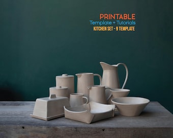 Kitchen Pottery Templates Set – 9 Printable, Mugs, Bowls, Jar, Coffee Jug, Butter Dish & More DIY Slab Pottery for Beginners (Printable PDF)