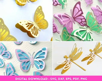 3D Butterfly & Dragonfly SVG Bundle, Paper Wall Decor (Digital Download)
