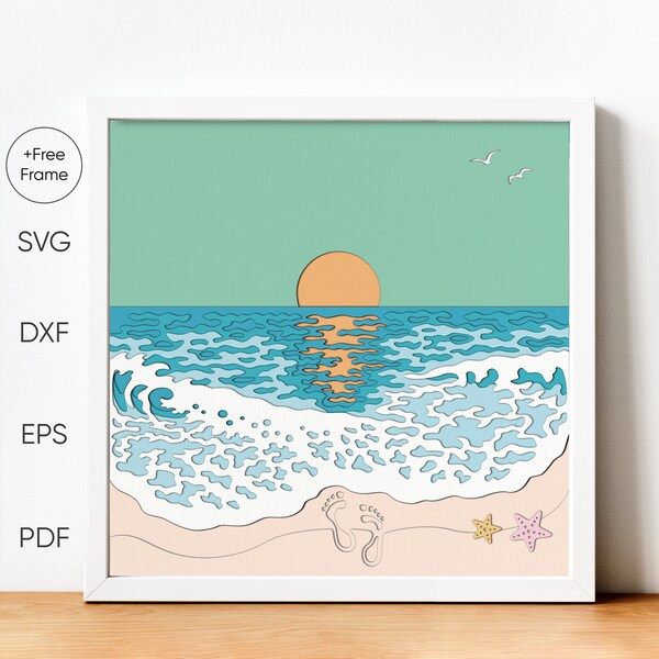 3D Sunset Beach SVG, Beach Shadow Box, Ocean Wave Shadow Box Template, 3D Shadowbox, Layered Cardstock Paper Cut for Cricut, Ocean Landscape