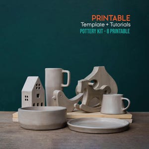 May include: A collection of handmade pottery items, including a house-shaped candle holder, mugs, a bowl, a plate, a bird figurine, and a rocking horse. The items are in neutral tones and are arranged on a wooden surface against a dark teal background. The text "PRINTABLE" and "POTTERY KIT - 8 PRINTABLE" is visible.